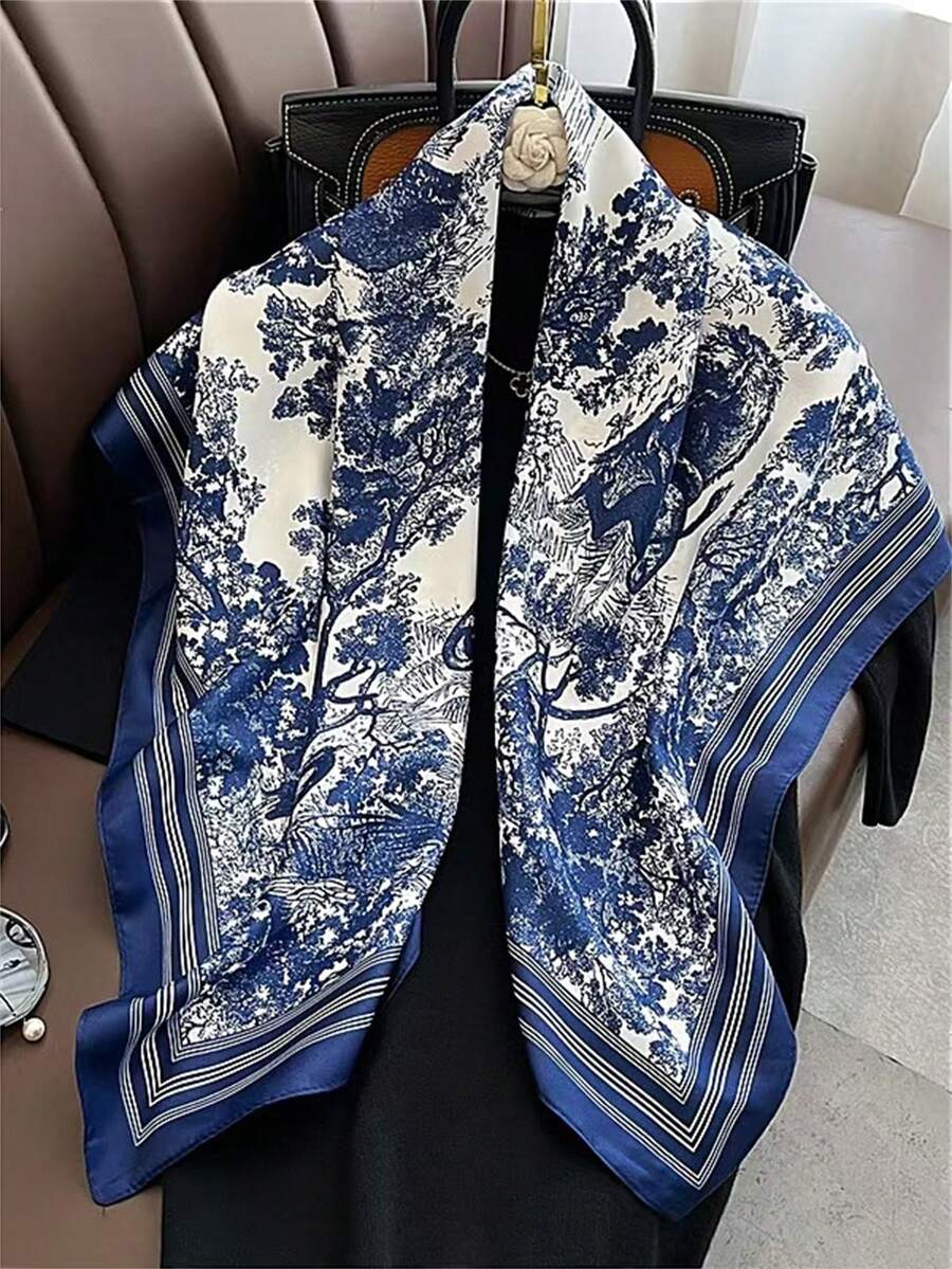 Khăn vuông lớn 90cm bằng vải chéo xanh, Khăn choàng cổ lụa cho nữ, Khăn choàng chống nắng, Mùa xuân/Hè - Màu xanh hải quân - Xem 1