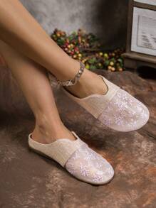 Women Flat Sandals, Fashion Non-Slip Slip-On Summer Slippers, Suitable For Dress, Closed Toe Fisherman Hollow Net Sandals, Casual New Chinese Style Shiny Mules Sandals - Purple - View 1