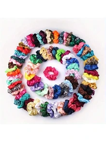 50/30 piezas Elegantes Scrunchies de satén brillante de estilo bohemio, grande/pequeño para moños de mujer, accesorios de cabello de imitación de seda de unicolor para outfits casuales, diademas elásticas adecuadas para coletas y peinados, decoración del hogar y el baño, decoración de otoño, de vuelta a la escuela