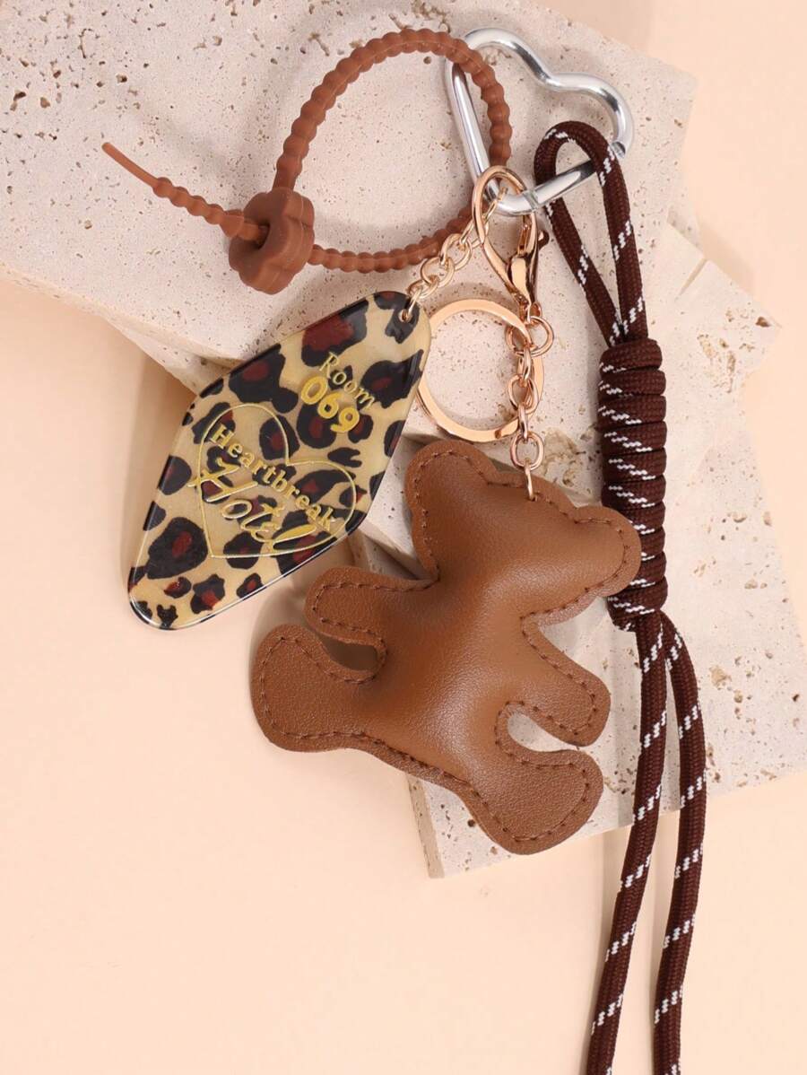1pc New Women Miu Style Woven Rope Keychain Heart Shaped Beads Polyester Bear Pendant Fashion Versatile Bag Charm Leopard Print Cheetah Print Summer - Multicolor - View 1