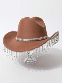 1pc Women's Solid Color Teardrop Rhinestone Tassel Western Cowboy Hat, Casual Travel, Party, Wedding, Celebration, Jazz Hat, Felt Hat, Gift, Dancing, Celebration
