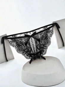 AB. Sexy Lace Lingerie Panties, Transparent Open-Crotch G-String, Fashionable Low-Waist Tie-Up T-Back Panties, Plus Size Sexy Rose Lace Tie-Up Underwear, Adjustable Waist Bottoms - Black - View 4