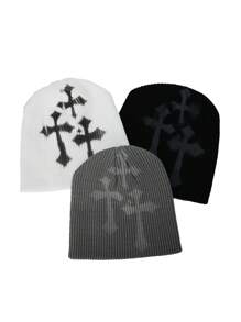 1pc Cross Embroidery Beanie, Graffiti Fashion Versatile Knitted Hat For Autumn & Winter, Warm And Windproof, European And American Style