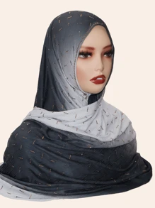 1pc Women's Elastic Soft Gradient Stripe Printed Scarf, Rectangular Headscarf With Rhinestone Decor, Fashion Versatile Shawl For Casual Everyday Wear