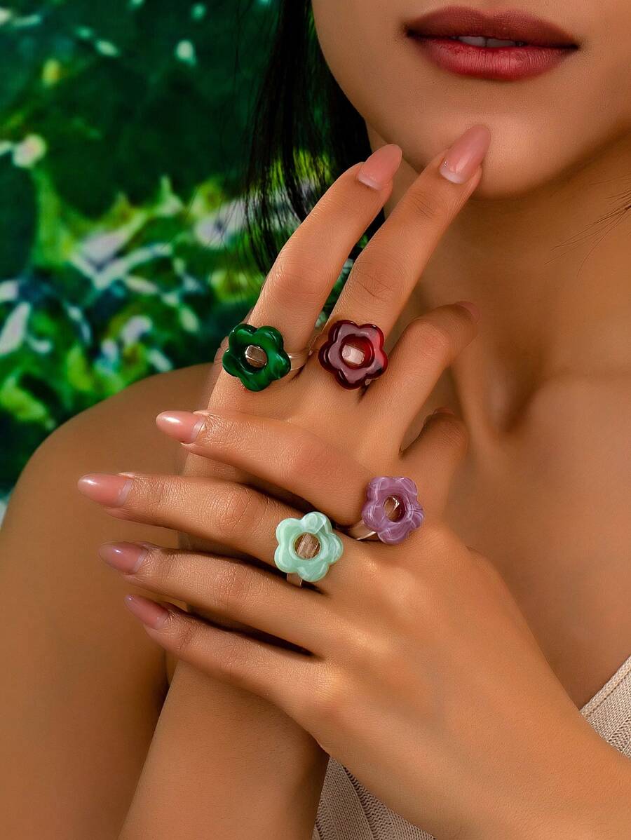 1pc Elegant Acrylic Flower Design Casual Ring For Women