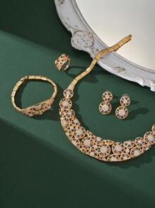 4pcs Colorful Zirconia Stone Jewelry Set For Women, Including Necklace, Earrings, Bracelet, And Ring, Exaggerated Statement Set, Suitable For Bridal, Wedding, Party, Mother's Day, Teacher's Day, Valentine's Day, Back To School Gifts