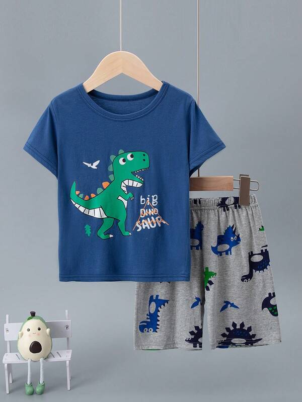 2pcs/Set Kids Short Sleeve Shorts Dinosaur Pajamas Set, Boys Cartoon Dinosaur Print Thin Cotton Sleepwear Suit For Summer