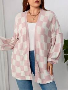 Plus Size Plaid Round Neck Casual Long Sleeve Knitted Cardigan Sweater - Pink - View 3