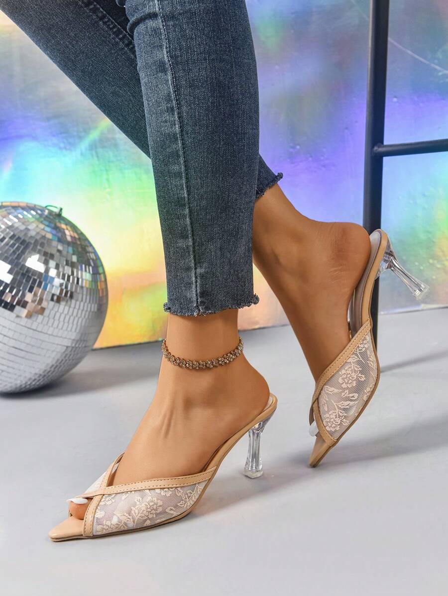 女士休闲简约透明印花网眼露趾高跟凉鞋 - 杏色 - 查看 1