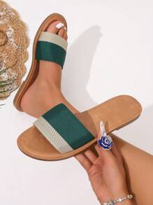 2025 Women's Summer Striped Slip-On Casual Open Toe Shoes With Faux Leather Sole And PU Flat Platform - Dark Green - View 2