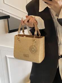 Túi Tote đi biển cho nữ dung tích lớn, dây đeo vai có thể điều chỉnh, túi xách dệt màu kaki, túi đeo chéo - Màu Khaki - Xem 3