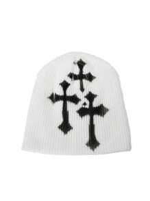 1pc Cross Embroidery Beanie, Graffiti Fashion Versatile Knitted Hat For Autumn & Winter, Warm And Windproof, European And American Style