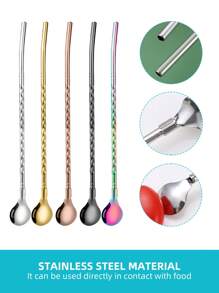 Set de 5 piezas de pajitas y cucharas multiusos de acero inoxidable en colores surtidos, set de pajitas y cucharas con diseño espiral minimalista, pajitas y revolvedor de metal reutilizables, perfectos para malteadas, té con leche, café y otras bebidas, ideal para la cocina, bar, buffet, artículos escolares
