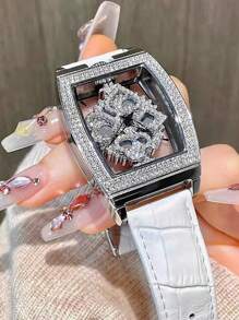 1pc Fashionable Elegant Wine Barrel Shaped Ladies' Watch With Transparent Back & Rhinestone Detail Quartz Movement Watch, With Rotatable Queen Pattern Dial, Stainless Steel Case & Waterproof, Suitable For Daily Wear, Banquet, And Other Occasions To Decorate Your Wrist - White - View 15