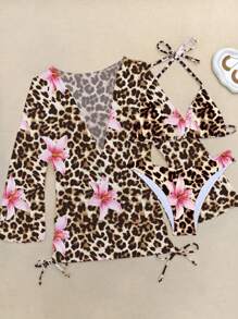 3pcs Plus Size Leopard Print Bathing Suit, Sexy Halter Tie Bikini Set With Pearl Decor, Suitable For Beach, Resort, Cruise, Spring/Summer,Cover Up Dress,Summer Dresses For Women,Summer Clothes Women,Festival,Skirts,Ibiza Outfits,Swimwear Women,Bikini Set,Swimming Costume Women,Beach Wear Women,Holiday Co Ord,Beach Dress,Bikinis For Women Sets,Swimsuit,Vacation Dress,Removable Swimwear Pads - Leopard - View 6