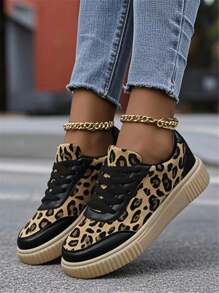 女士豹纹宽版运动休闲运动鞋，轻便透气系带，流行女鞋