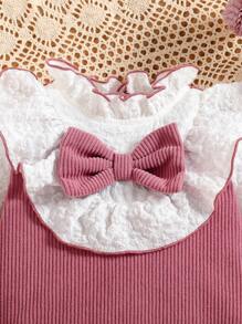 Baby Girls' Ruffled V-Neck Long Sleeve Romper With 3D Bow, Suitable For Everyday Outdoor Wear, Spring & Autumn