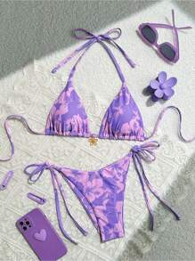 Swim Mod Floral Print Halter Neck Crop Tank Top And Side Tie Bikini Set, Summer Beach Vacation - 紫色 - 查看 1