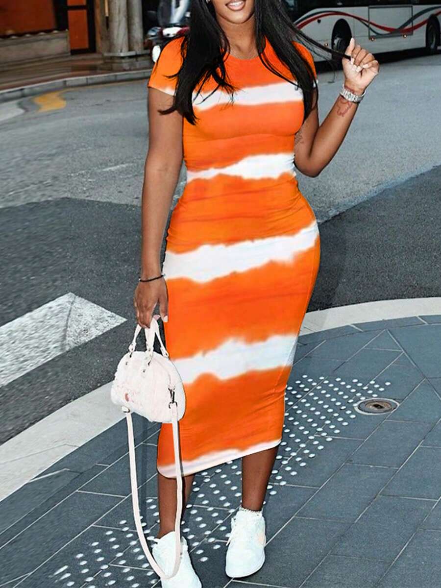 Elegant Plus Size Tie Dye Bodycon Dress, Polyester Knit Fabric, Crew Neck, Short Sleeve, Midi Length, Medium Stretch, No Padding, Regular Sleeve, Casual Summer Weekend Wear - 橘紅色 - 查看 1
