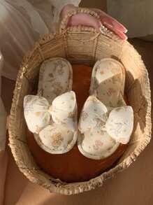 XIXITIAO Śliczne lniane kapcie z kokardką, domowe, miękkie, płaskie kapcie w stylu wróżki, oddychające lniane kapcie do domu/łazienki, klasyczne płaskie klapki z blokami kolorów dla kobiet, całoroczne - Morelowy, słodki szczeniak urodzinowy - Zobacz 5