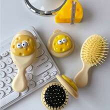1pc Cartoon Cheeses Inflatable Folding 2-In-1 Mirror Comb, Portable Air Cushion Volumizing Hair Brush For Women