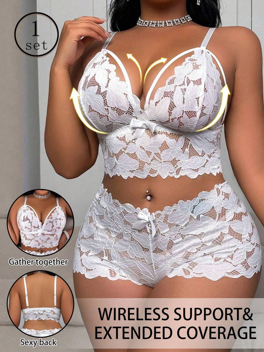 Plus Size Lace Patchwork Comfortable And Fashionable Sexy Bra And Panty Lingerie Set - White - View 1