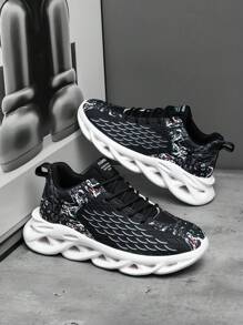 1 Pair Black Random Splash Ink + Embossed Fish Scale Pattern Cloth Men's Low-Top Hollow Outsole Casual Commute Artistic Sports Shoes - 黑色 - 查看 2