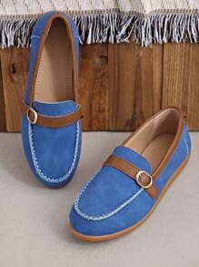 Metal Chain Decor Slip-On Flats, Fashionable Women Loafers, Retro British Style Slip-On Loafers, Comfortable Flat Moccasins, Suitable For Commuting And Casual Wear - Blue - View 7