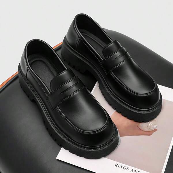 Men's Shoes For Spring/Summer 2025, New Solid Color Round Toe Slip-On Shoes, Thick Sole Wide Fit Dress Casual Oxfords