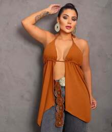 Women's Boho Chic Blouse With A Halter Neck And A Bare Back With A Tie At The Back - Rỉ Nâu - Xem 3