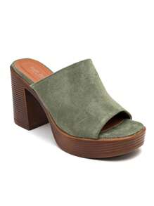 Women Wood Grain Increase Height Slippers, Chunky Heel Open Toe Slide Sandals, Versatile Slip-On Mule Shoes For Summer - Army Green - View 3