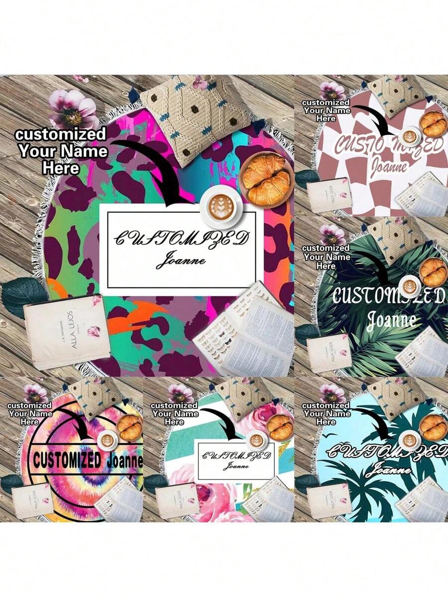 1入150*150cm個性化圓形海灘毛巾適用於男女客製化成人姓名海灘毛巾沐浴毛巾，浴室泳池毛巾，可定制個人名字 - 彩色 - 查看 1