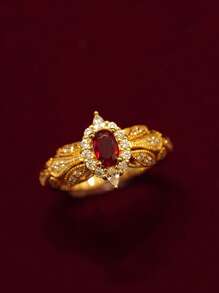 1 pieza Anillo de plata de ley S925 con granate rojo micro-incrustado, elegante, regalo de lujo para mujeres en bodas