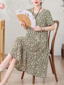 Nuevo vestido de longitud media con estampado floral holgado y casual para mujer, de verano