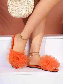 Women's Orange Ruched Mesh One-Toe Open Comfortable Round Toe Flat Sandals, Fashionable Outdoor Wear For Spring & Summer