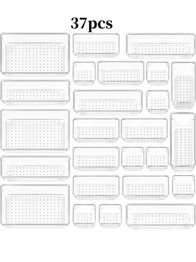 4/8/13/18/25/37 PCS Plastic Square Transparent Divided Storage Boxes, Large Capacity 4 Sizes Multi-Functional Household Organizer Boxes For Kitchen, Bathroom, Office, Bedroom, Cutlery, Cosmetics, School Supplies, Living Goods