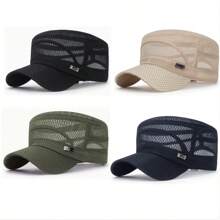 1 pieza Gorra plana con etiqueta de hierro, unisex, casual, transpirable, protección solar para exteriores. Gorra plana con malla transpirable, ajustable, apta para hombres y mujeres, casual para exteriores, sombrero protector solar con orificios de ventilación, hecho de poliéster. Opciones de color: negro/gris/verde oliva/beige/azul marino. Nuevo lanzamiento. Gorra plana de malla completa con etiqueta de hierro, protección solar transpirable casual para hombres y mujeres para el verano al aire libre.
