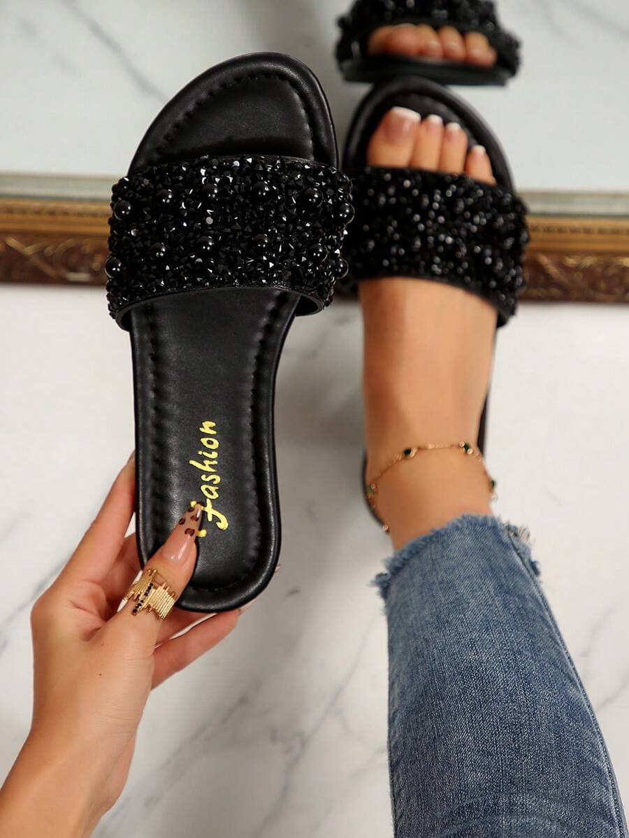 Women's Flat Sandals Summer Pearl & Rhinestone Embellished Open Toe Slip-On Casual Mules Slippers - Black - View 1