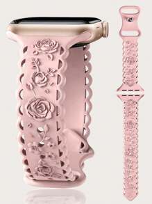 Lace Flower Floral Engraved Band Compatible With Apple Watch Band 49mm 46mm 45mm 44mm 42mm 41mm 40mm 38mm, Waterproof Sport Silicone Wristbands Replacement Strap For Apple Watch Series 10 9 8 7 6 5 4 3 2 1 SE For Women