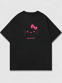 Sanrio 1 件 Hello Kitty 女式休闲卡通印花圆领短袖 T 恤图案肩部 T 恤女式上衣家居服打底衫 - 黑色 - 查看 2