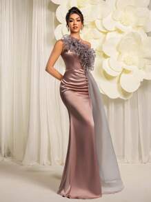 EVERLYL Everly L 女式不对称领口修身优雅褶饰单肩开衩连衣裙手工 3D 花朵晚礼服、生日派对、舞会、夏季连衣裙 - 淺灰紫 - 查看 8