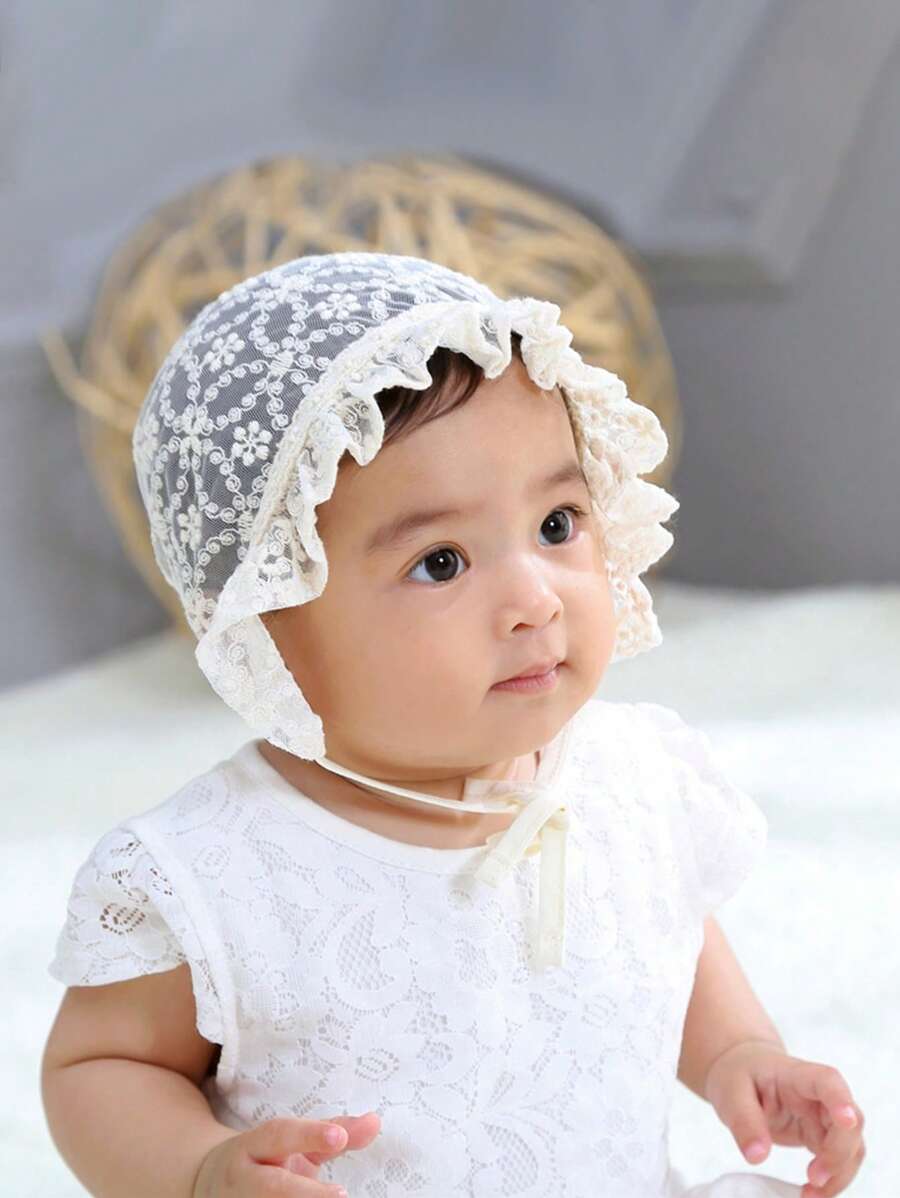 1 件白色女婴帽子，适合春夏季，新生婴儿帽，温暖可爱的胎儿帽，宫廷风格婴儿帽，蕾丝边复古婴儿帽，精致蕾丝边时尚婴儿帽