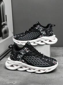 1 Pair Black Random Splash Ink + Embossed Fish Scale Pattern Cloth Men's Low-Top Hollow Outsole Casual Commute Artistic Sports Shoes - 黑色 - 查看 4