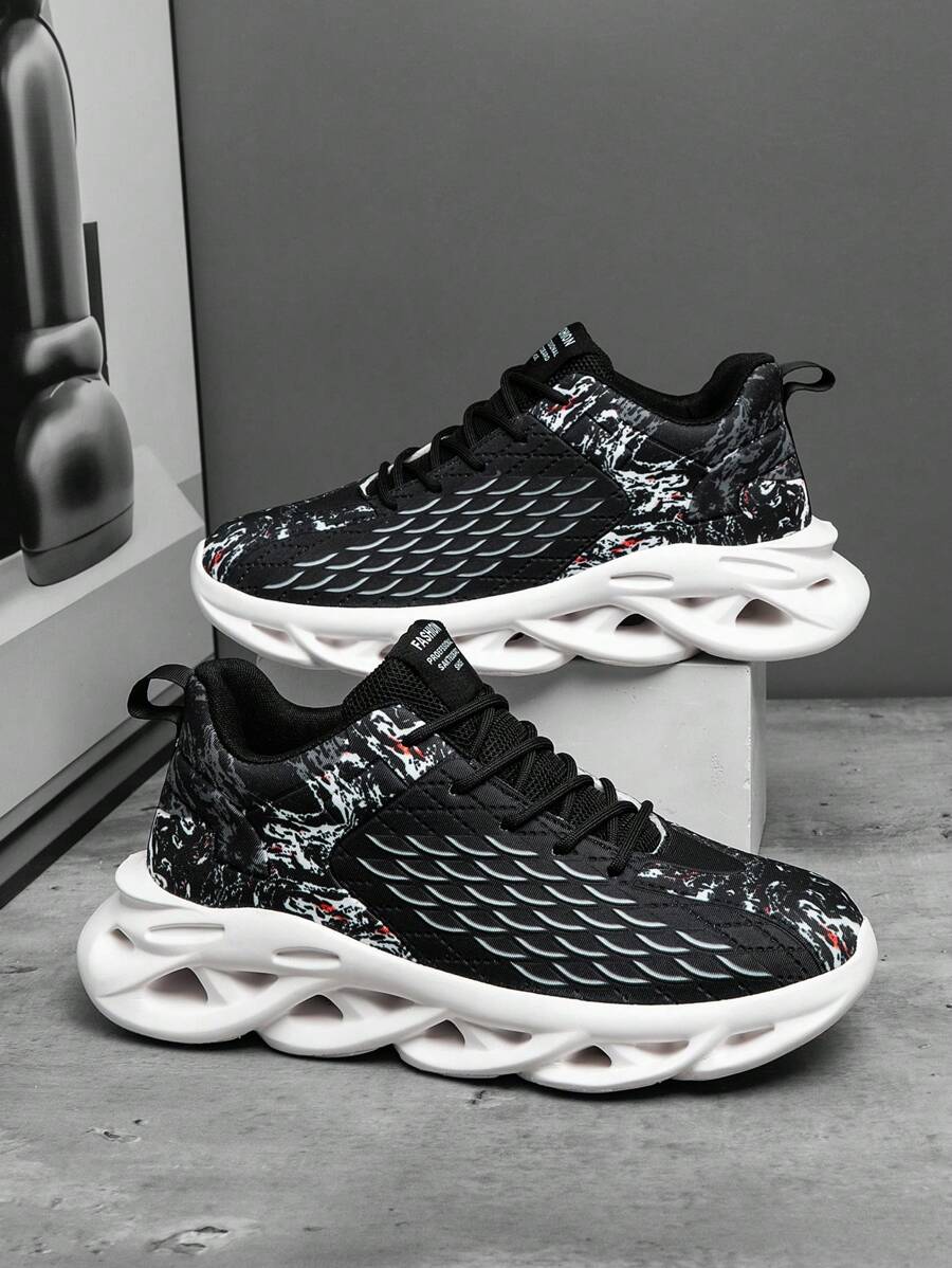 1 Pair Black Random Splash Ink + Embossed Fish Scale Pattern Cloth Men's Low-Top Hollow Outsole Casual Commute Artistic Sports Shoes - 黑色 - 查看 1