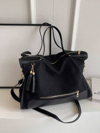 女士简约拼色流苏拉链装饰手提包