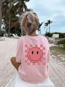 1pc Tween Girl Checkered Smiling Face Print Crew Neck Short Sleeve T-Shirt, Casual Fashion Summer Top