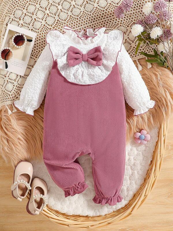 Baby Girls' Ruffled V-Neck Long Sleeve Romper With 3D Bow, Suitable For Everyday Outdoor Wear, Spring & Autumn