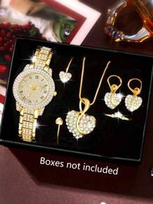 6 Piece Gorgeous, Elegant Women's Quartz Watch With Heart Jewelry Pendant Necklace, Earrings, Rings, Bracelet Set, Perfect Gift For Ladies, Diamond Alloy Strap, Classic Roman Scale Round Dial, Ideal Gift For Sisters And Mothers, Suitable For Daily Wear, Back-To-School Season, Graduation Season, Thanksgiving, Couples, The Best Gifts Watch Box Not Included