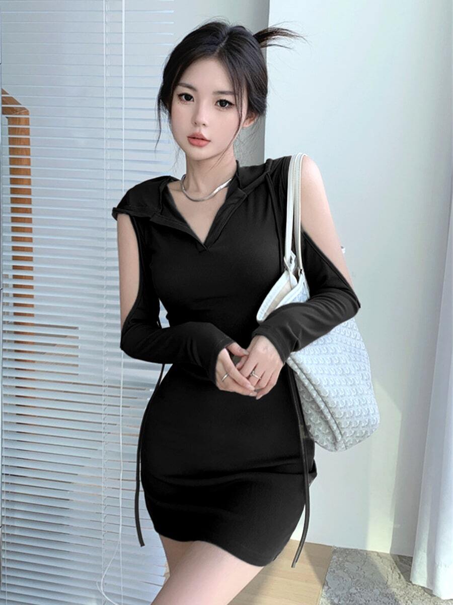 Vestido De Mujer Con Cuello en V Y Manga Larga,Vestido corto camiseta unicolor con espalda descubierta de sexy con cordones y capucha para mujer,ropa de vacaciones - Negro - Ver 1