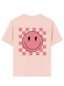 1pc Tween Girl Checkered Smiling Face Print Crew Neck Short Sleeve T-Shirt, Casual Fashion Summer Top